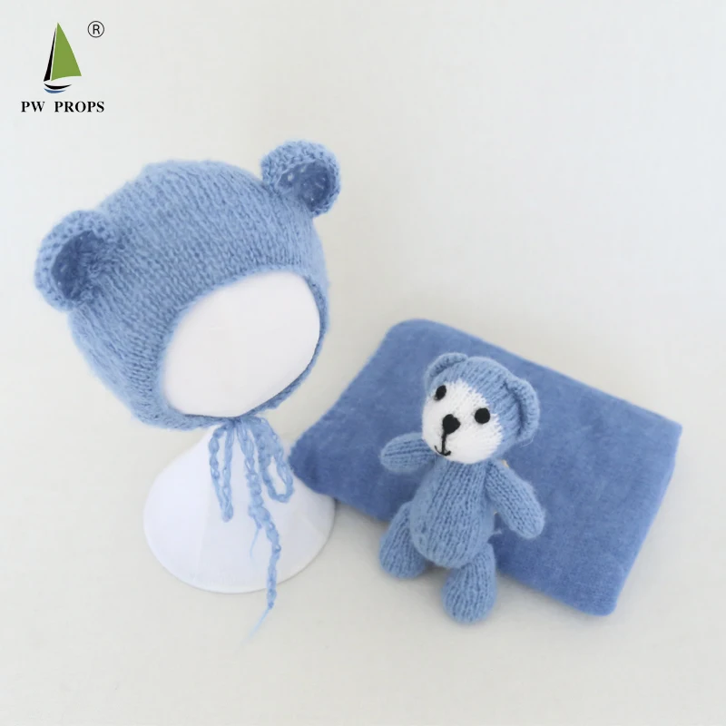 

Fluffy Angora Teddy Bear Bonnet Toy Set Knit Stretch Angora Wrap and Hat Toy Three-Piece Suit For newborn Photography Props