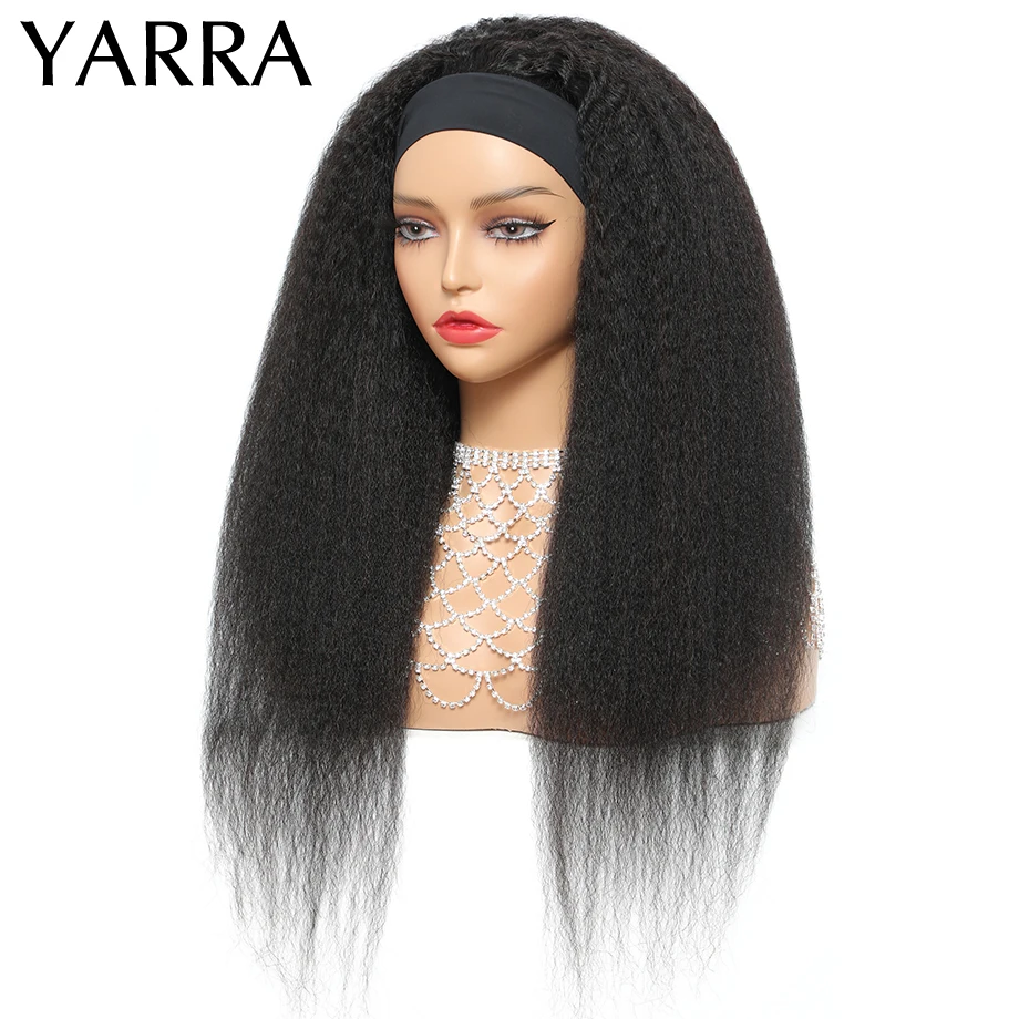 Headband Wig Human Hair Kinky Straight Indian Remy Human Hair Wig With Headband Attached No Glue Machine Made 180 Density Yarra