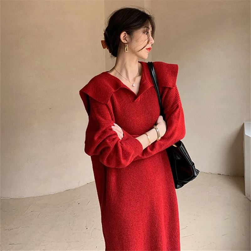 LMQ NEW 2020 Women Autumn Winter Knitted Long Sleeve sailor collar Dress oversize Casual Loose Sweater Jumper Christmas red Dres