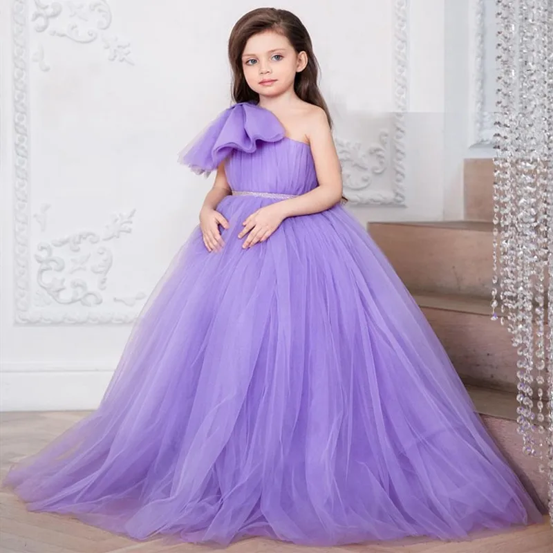 Robe longue à fleurs en Tulle pour filles, asymétrique, épaule dénudée, tenue de fête de mariage pour enfants, accessoires de photographie, nouvelle collection