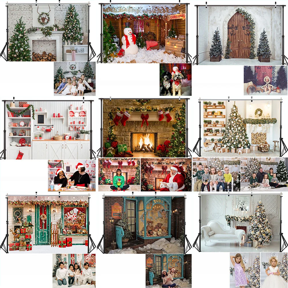 Merry Christmas การถ่ายภาพฉากหลังฤดูหนาวครอบครัวพื้นหลังตกแต่งฉากหิมะเตาผิงต้นคริสต์มาสถ่ายภาพ