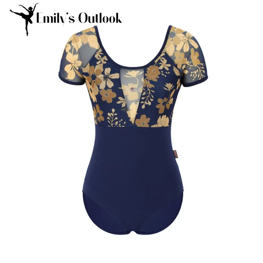 Wholesale Women Ballet Leotard Short Sleeve Mesh Tank Leotards For Ballet Dance Gymnastics Bodysuit Floral Print Navy Blue Cheap