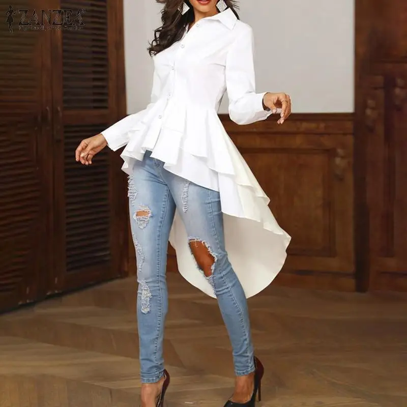 Zanzea blusa feminina com babados, blusa elegante com lapela e pescoço, camisas para mulheres, manga longa, cintura alta, assimétrica