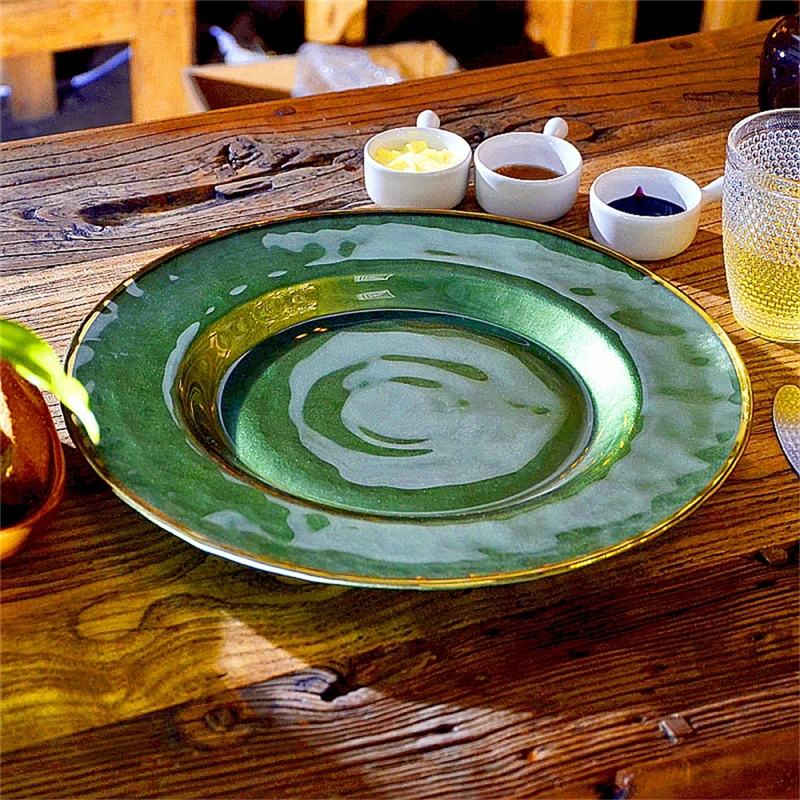 

Phnom Penh Green Glass Plate Classical Tableware Table Decoration Handmade Retro Breakfast Plate Home Party Banquet Plate