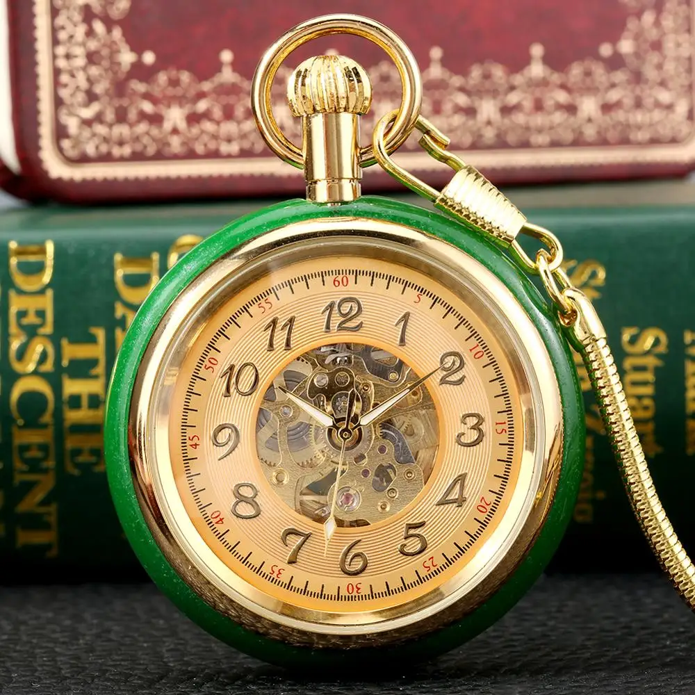 Superb Jade Golden Automatic Mechanical Pocket Watch Self-Winding Clock Skeleton Dial FOB Chain Luxury reloj with Snake Chain