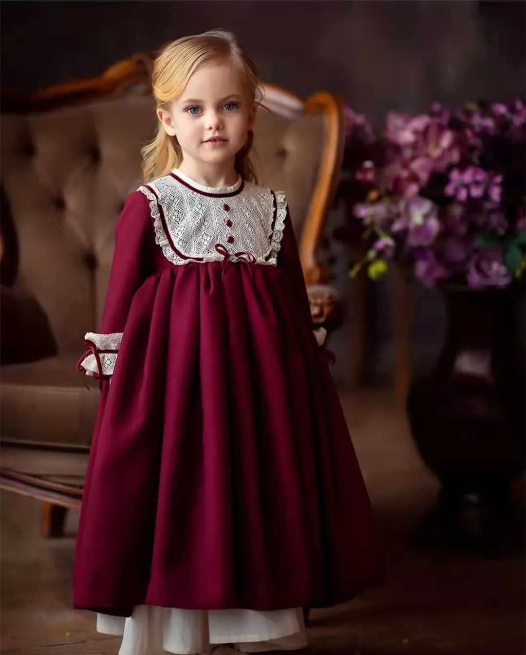 0-12Y Baby Girl Autumn Winter Lace Wine Red Burgundy Long Dress for Birthday