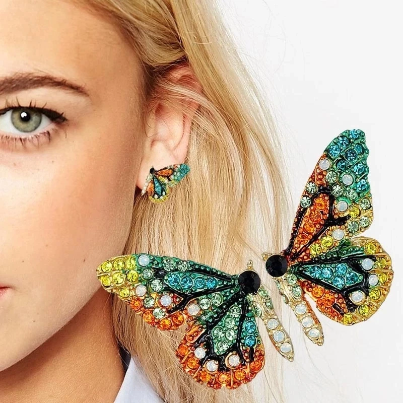 Original Half Of Butterfly Studs Earrings For Women  New Vintage Rhinestone  Personality Metal Earrings Sweet Romantic Jewelry