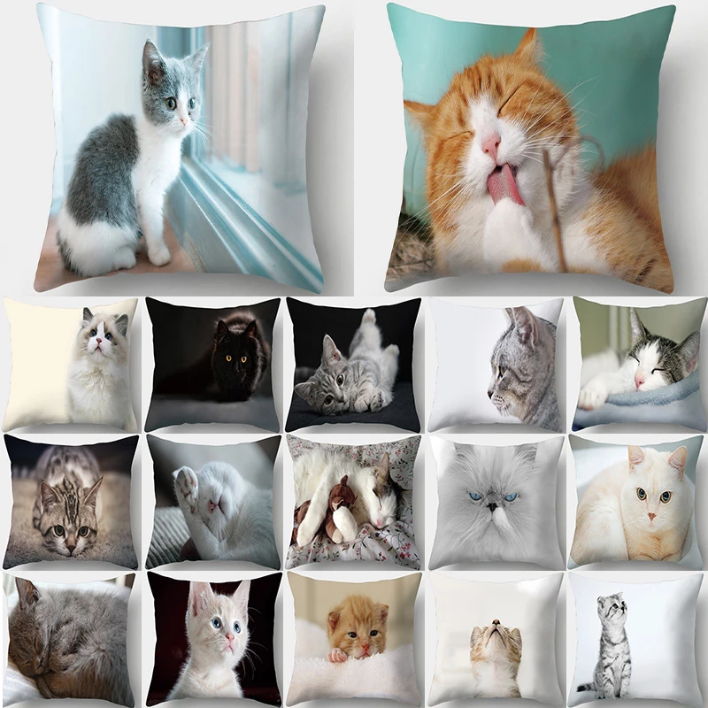 Cute Cat Print Decorative Cushions Pillowcase Polyester Cushion Cover Throw Pillow Sofa Living Room Decoration Pillowcover 40956