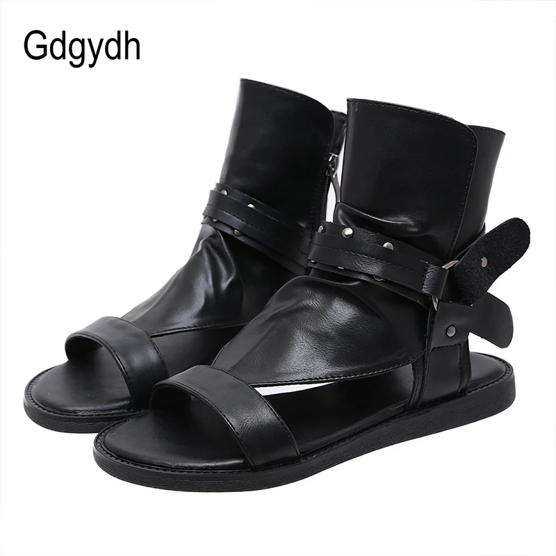 Gdgydh Cosplay Amine Japanese Style Flat Gladiator Sandals Women Buckle Ankle Strap Soft Leather Open Toe Beach Shoes Zipper