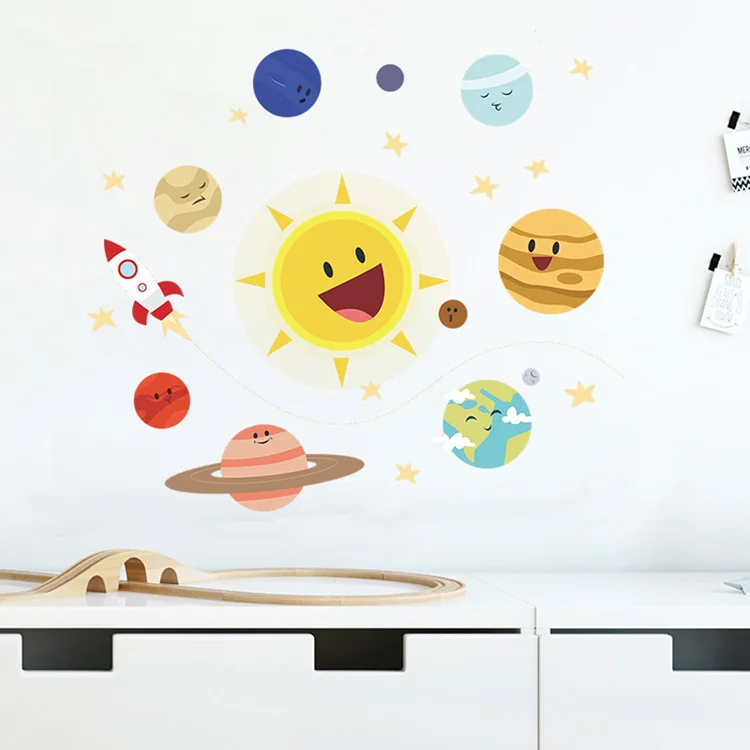 Cartoon-Sonnensystem-Planeten-Wandaufkleber Kinderzimmer-Hintergrunddekoration Selbstklebende Tapete Schlafzimmerdekoration Abnehmbare Aufkleber – Detail 5