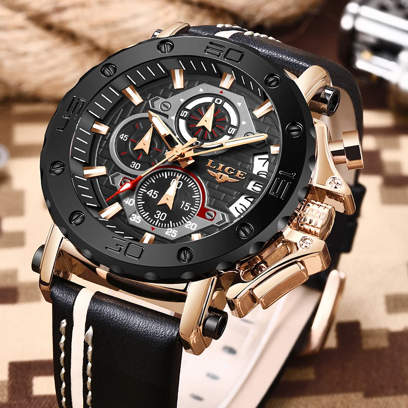 2020LIGE New Fashion Mens Watches Top Brand Luxury Big Dial Military Quartz Watch Leather Waterproof Sport Chronograph Watch Men
