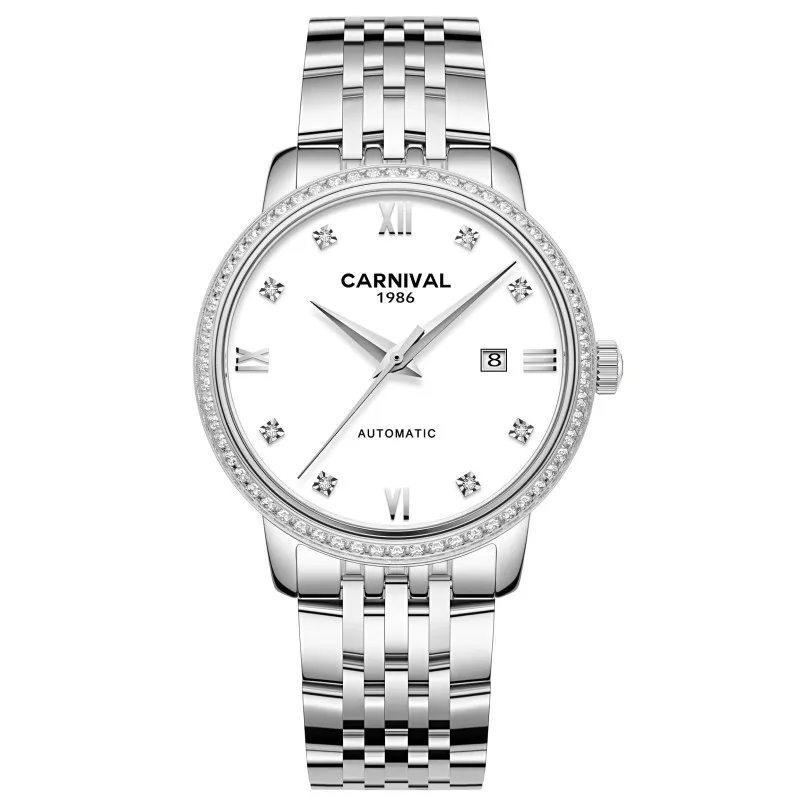 

2019 Relogio femenino Fashion Automatic Watch Women Luxury brand CARNIVAL Women Watches Silver Sapphire 30m Waterproof Calendar