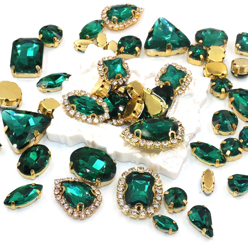 50pcs/Bag Peacock Green Mixed Shape Sew on Glass Rhinestone Gold Claw Crystal Buckle Diy Wedding Decoration Clothes/Shoe/Dress