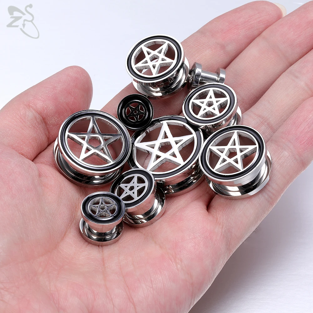 ZS 2pcs/lot Pentgram Star 316L Stainless Steel Ear Plug And Tunnel Men 3-22mm Round Gauges Expander Sterchers Piercing Jewelry