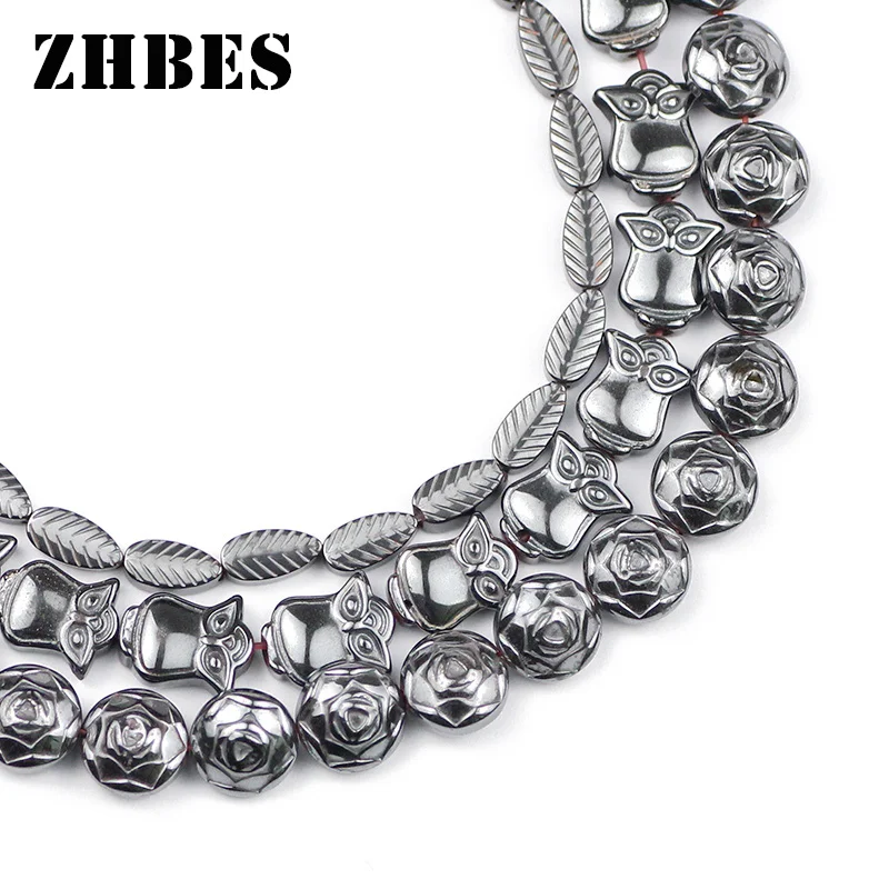 ZHBES Natural Stone Black Hematite Beads Carving Works Roses Owls Leaves Loose Beads For Jewelry bracelet Making DIY Findings