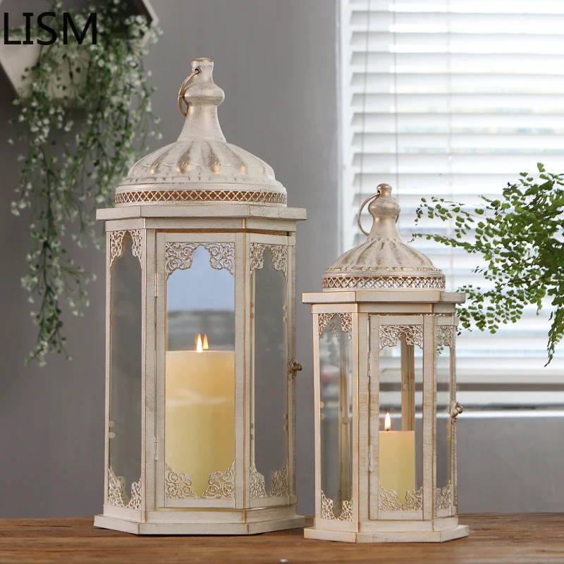 Windproof Luxury Metal Candle Holder Glass Large White Nordic Candle Holder Outdoor Garden Wedding Decoration Table Centerpieces