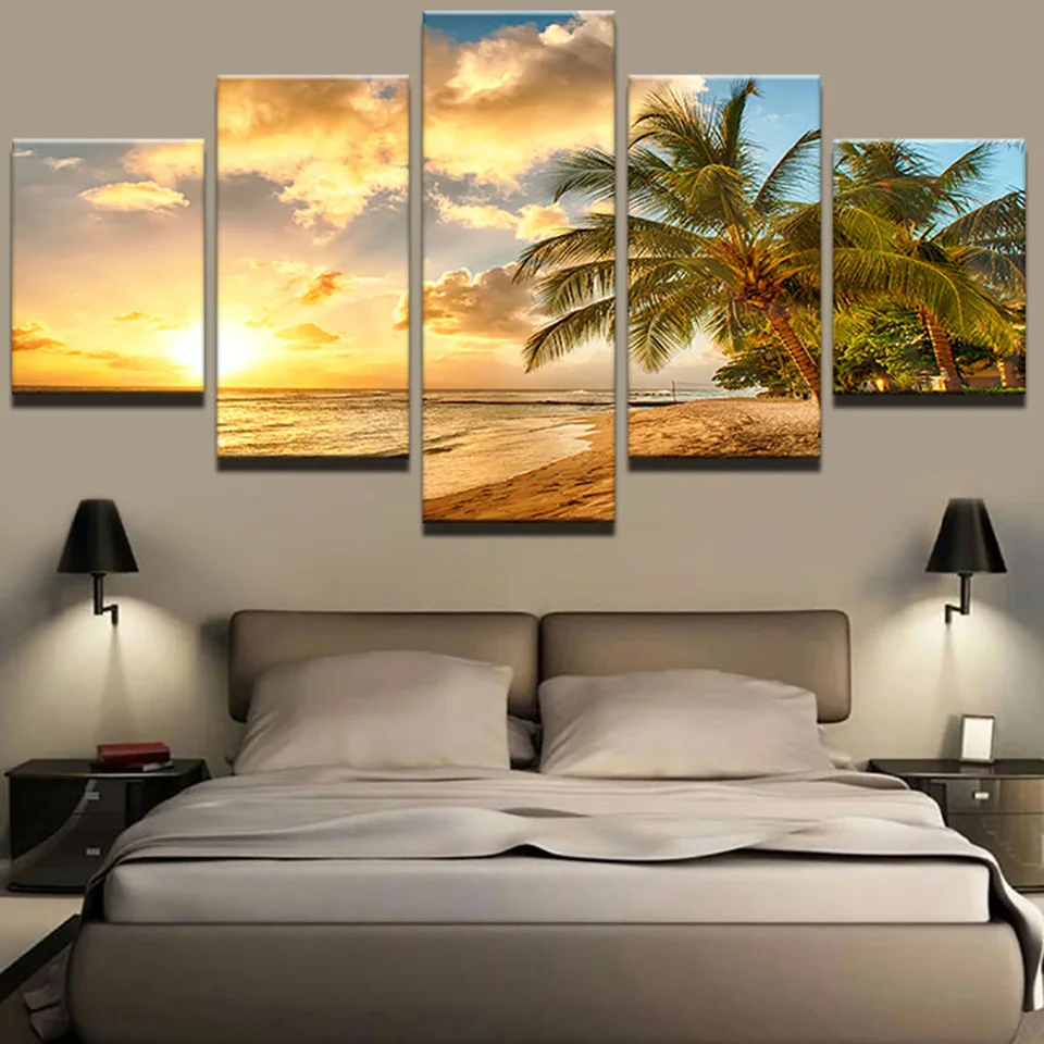 

Wall Art Canvas Painting Modern Pictures Home Decoration Posters 5 Panel Palm Trees Sea Sunset Landscape Living Room HD Printed