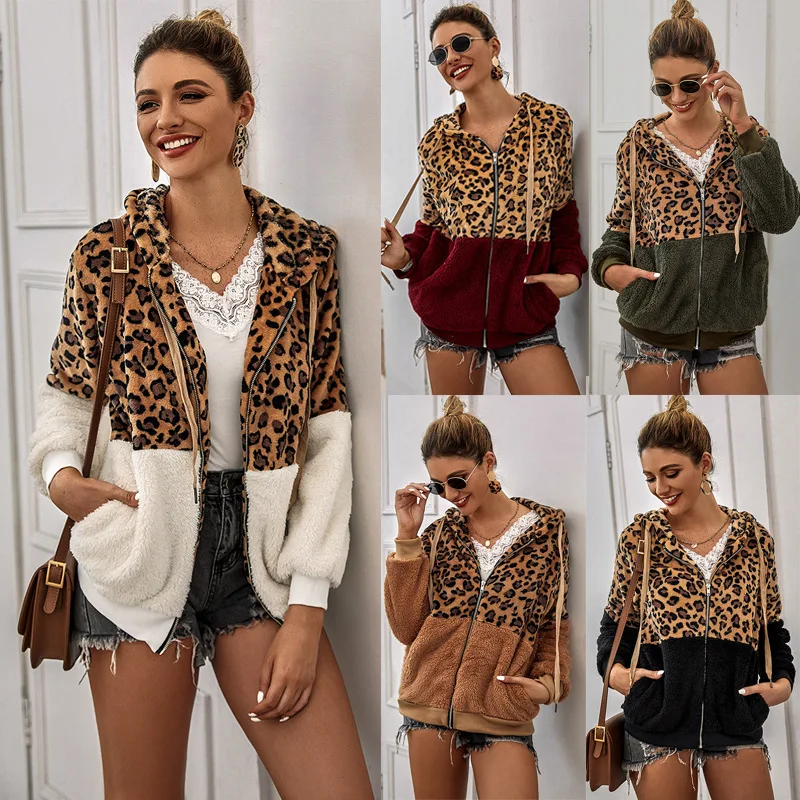 

Autumn Women's Coat Hoodie Fleece Sweatshirt Top Winter Jacket Jacket Leopard Casual Loose Plush Women's Zipper Warm Drawstring