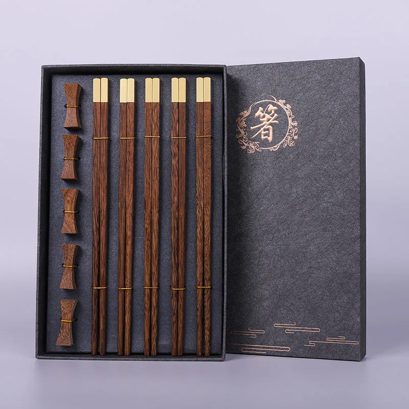 High Quality Premium Wooden Gift Box Packaging Household Cylindrical Natural Wenge Wooden Chopsticks Tableware Set