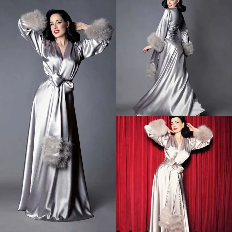 Elegant Silk Floor Length Night Robe with Feathers Top Quality Custom Made Party Sleepwear 2020 Bridal Nightgown Robes