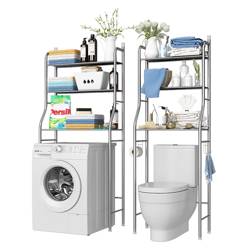 Stainless Steel Bathroom Storage Shelf Floor Stand Washing Machine Toilet Organizer Shower Floor Storage Towel Rack Soap Holder