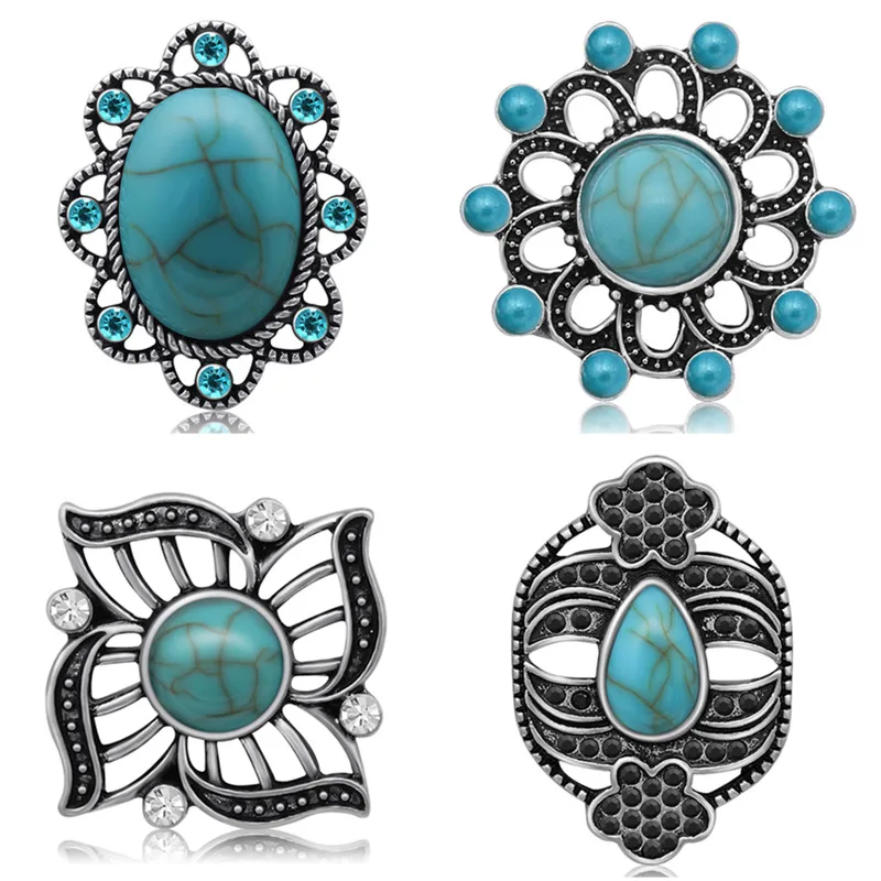 New Fashion turquoises Flowers rhinestone stones Beauty 20MM snap buttons fit DIY 18MM snap bracelet snap jewelry Christmas Gift