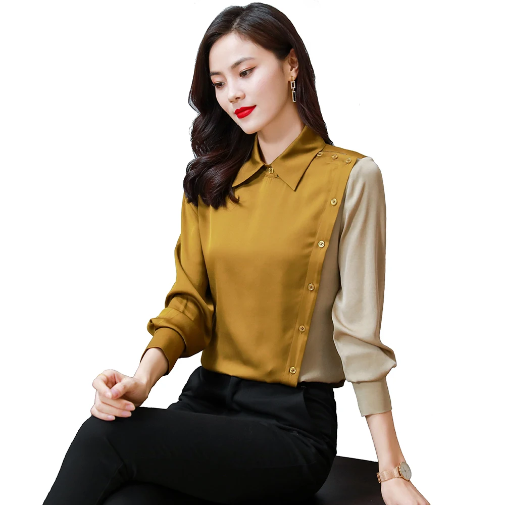 2021 Woman Spring & Autumn OL Fashion Noble Color Matching Irregular Satin Rayon Shirt Blouse