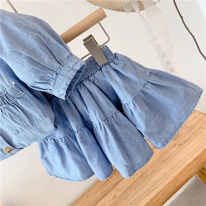 Summer Girls\' Clothing Sets fashion Lapel Pocket Denim Puff Sleeve Top + Skirt 2Pcs Baby Kids Clothes Suit Children Clothing