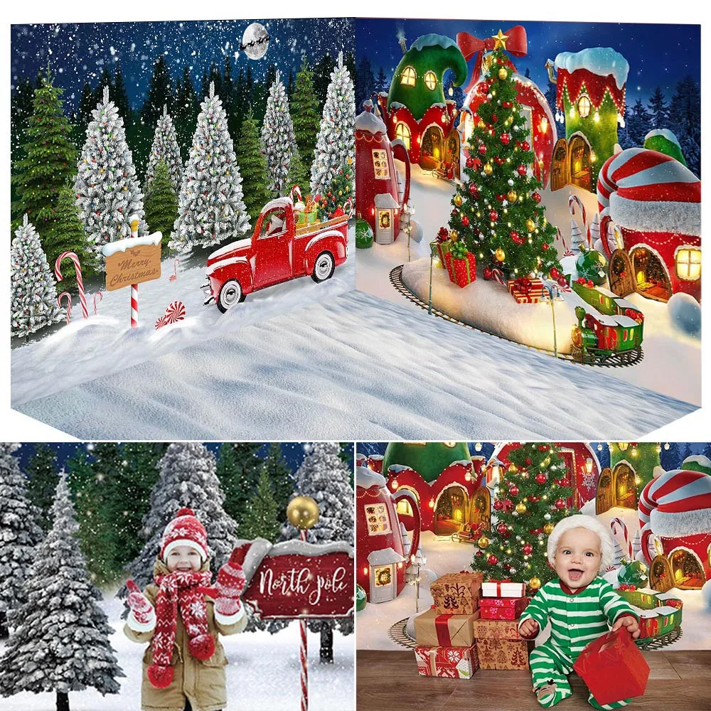 Xmas Snow Wonderland Field Photography Backdrop Christmas Trees Fairy Tale Village Background Winter Room Portrait Photo Studio