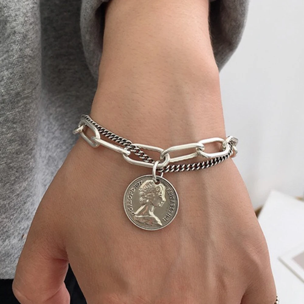 Punk Hip Hop Portrait Coin Bracelet Bohemian Retro Multilayer Chain Geometric Coin Pendant Bracelet Fashion Female Jewelry