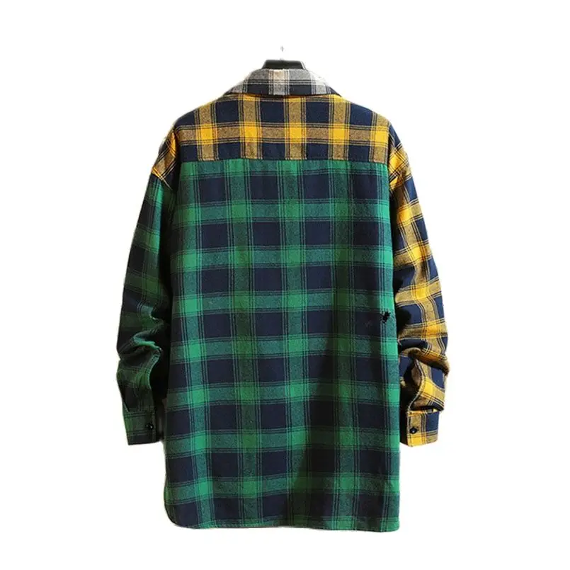 Extend Back Shirt Men Plaid Long Sleeve Hiphop Patchwork Casual Shirts Hip Hop Cotton Clothing 2023 Fashion Streetwear Autumn