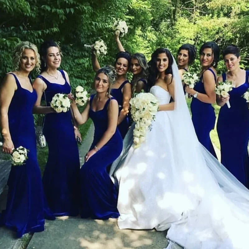 Vestido feminino, elegante, azul marinho, formal, casamento, damas de honra, sem manga, sereia, comprimento até o chão, festa de noite, feito sob medida