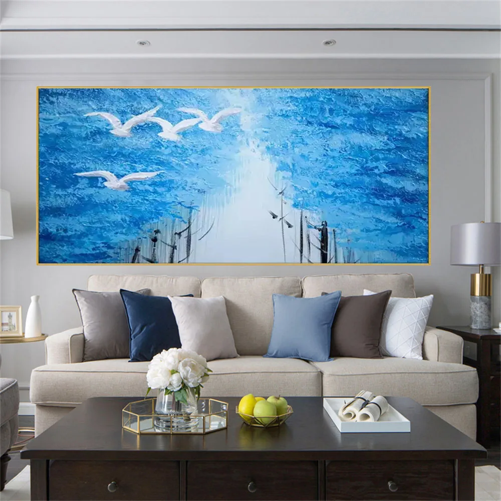 Handmade Beautiful Oil Paintings Abstract Blue In Sky Seagull Suspension Bridge Canvas Wall Painting Modern Living Room Decor