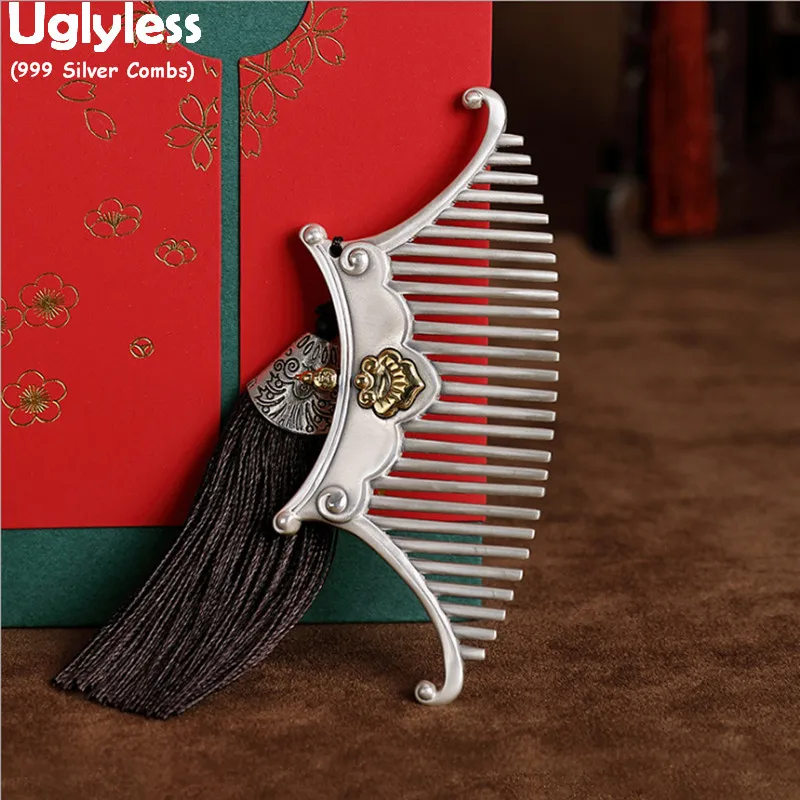 

Uglyless Designer Roof Temple Combs for Women Certificated Real 999 Silver Hair Combs with Rope Spike 1 Set Gift Packing Gifts