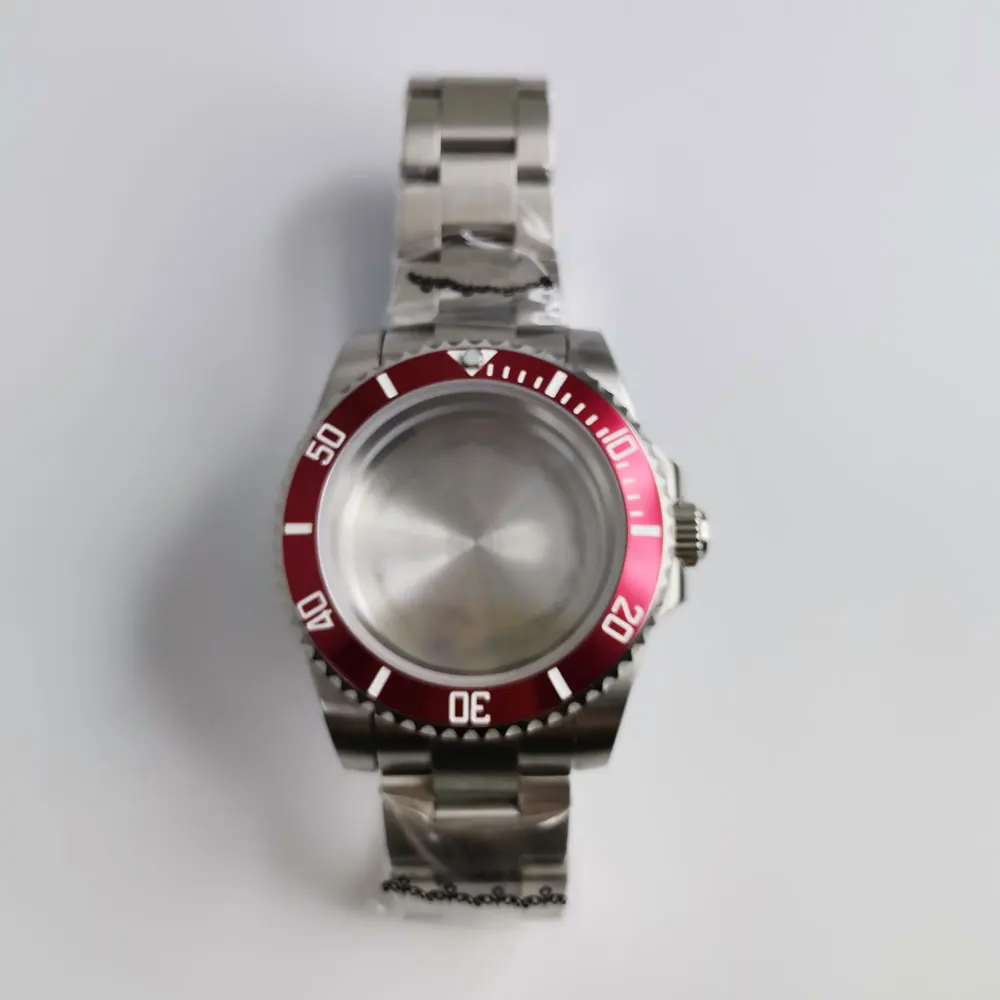 Red Alloy Bezel Insert 40mm Automatic Watch Case for NH35A NH36A ETA 2824 Miyota Movement Brushed Steel Strap Sapphire Glass