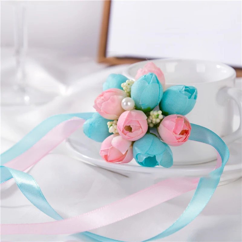 Fleurs artificielles de poignet de Rose, fleurs de main de demoiselle d'honneur de mariée avec ruban, accessoires de décoration de fête de Banquet de mariage, vente en gros