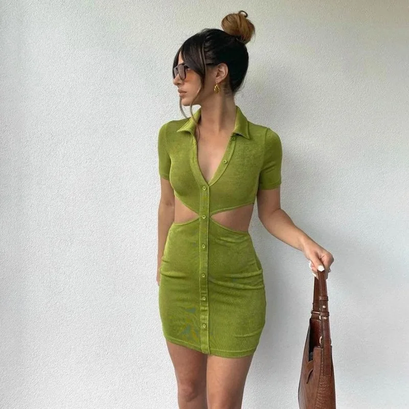 Sexy Mini Hollow-out Sheath Dress Women Club Party Dress Turn-Down Collar Button Short Dresses Female Elegant Shirt Vestidos