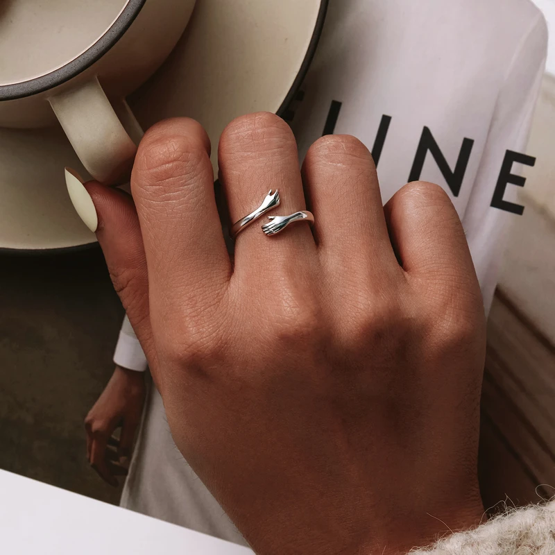 WOSTU 925 Sterling Silver Hug Hands Ring Simple Design Finger Ring For Women Elegant Silver Jewelry CTR176 image 3