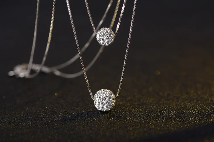 925 Sterling Silver Double Layer Shiny Cz Zirconia Crystal Lucky Ball Pendant Necklace For Women Gift Collares S-n58