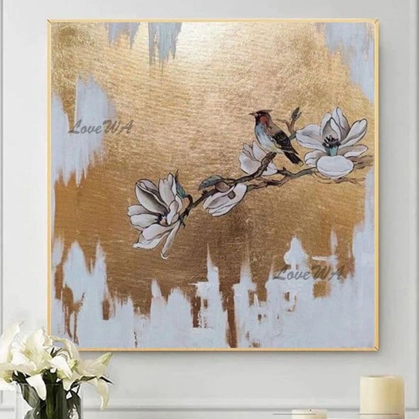 New Arrival Gold Foil Handmade Beautiful Flower Painting Framless Modern Canvas Art Showpiece For Home Decoration Picture