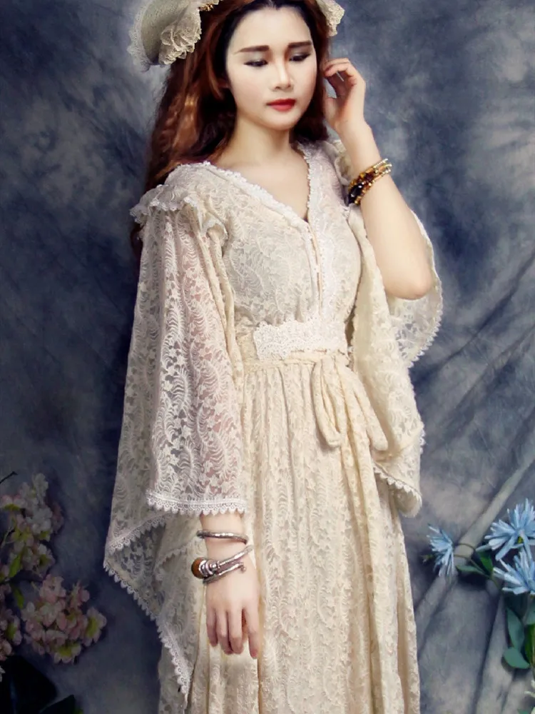 

Spring Summer Dress For Women 2022 Vintage Elegant Palace Style Sexy V-Neck Lace Maxi Dress robe ete femme vestidos largos