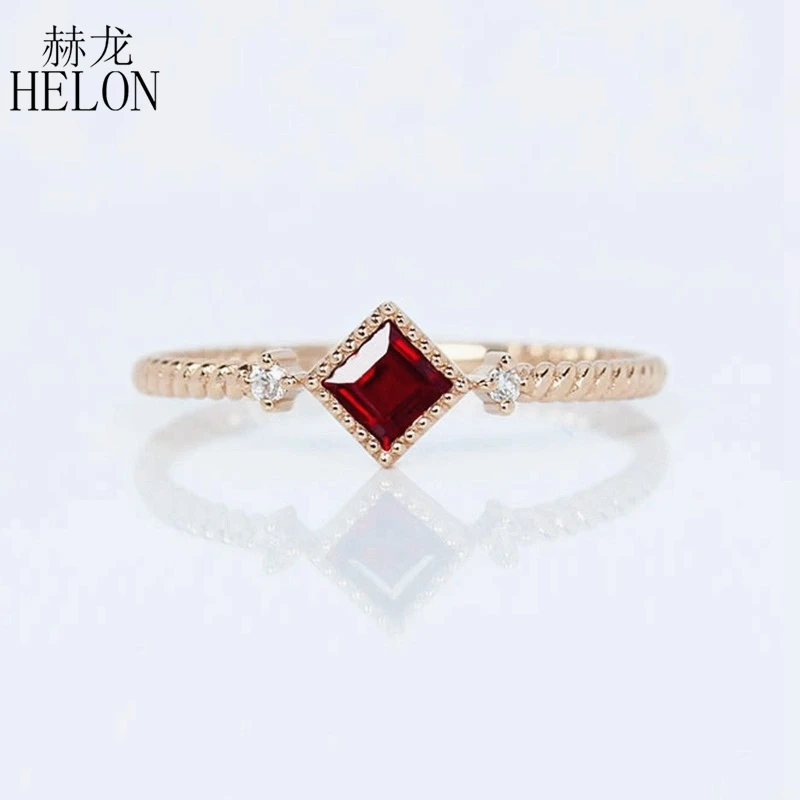 

HELON Solid 14k Rose Gold AU585 0.2ct Natural Ruby & Diamonds Ring for Women Engagement Wedding Vintage Trendy Fine Jewelry Ring