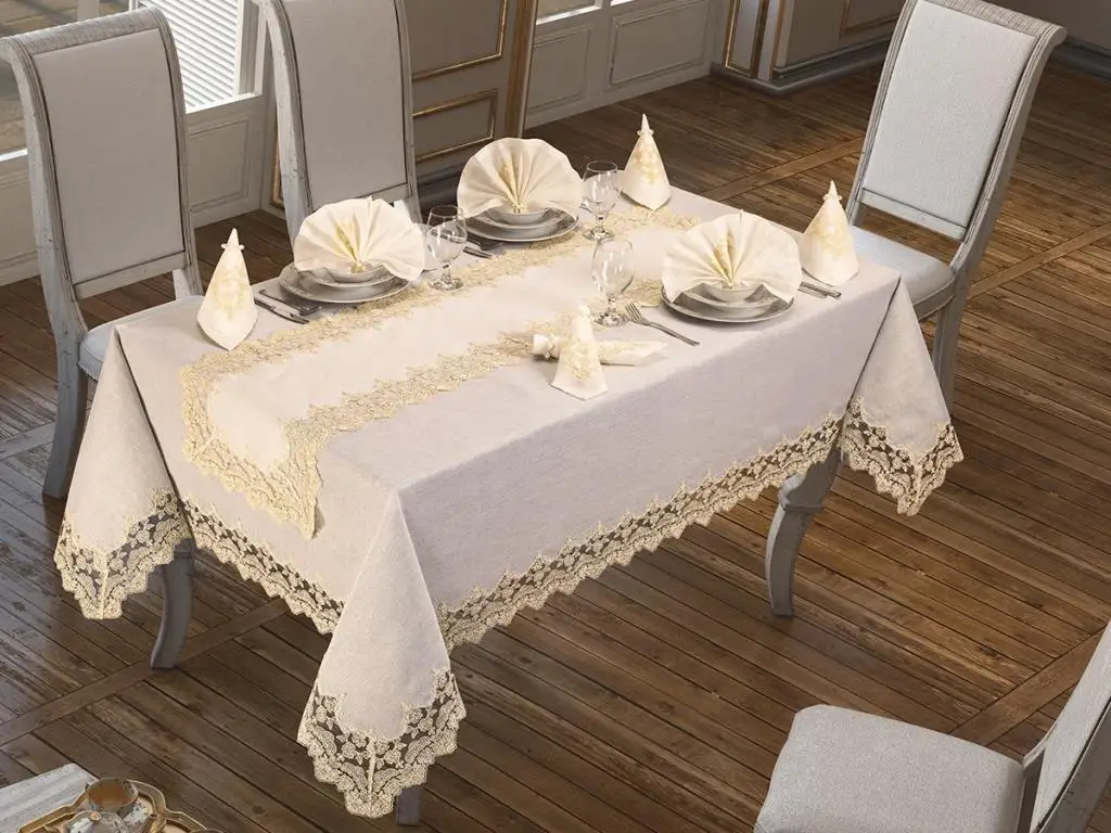 Buddha Linen Table Cover Set 26 Piece Cream Mustard