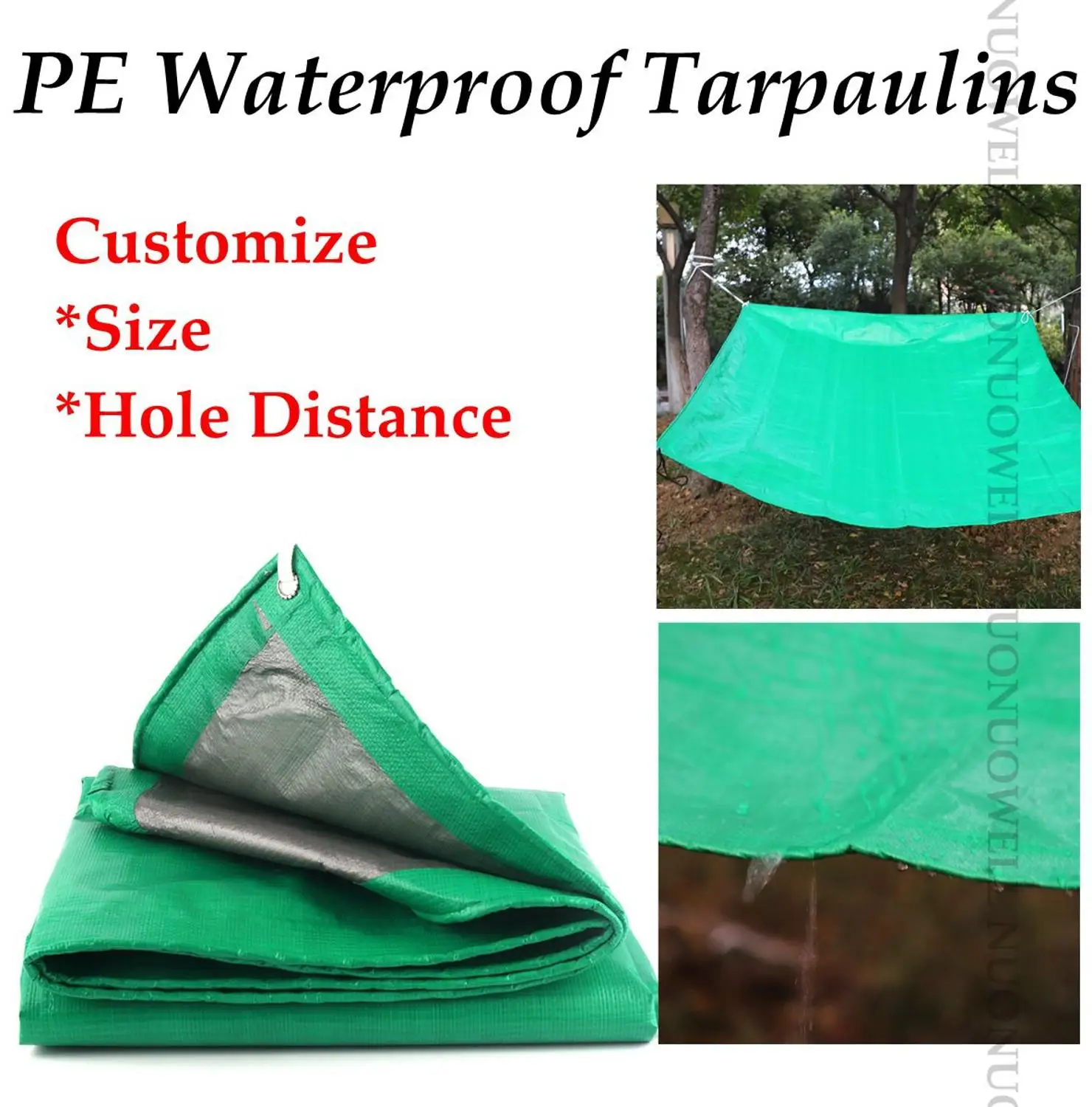 Customize Size 0.32mm Green PE Rainproof Tarpaulin Cover Sunshade Tarp Waterproof  Double Side Lightweight Tarp Sliver Layer