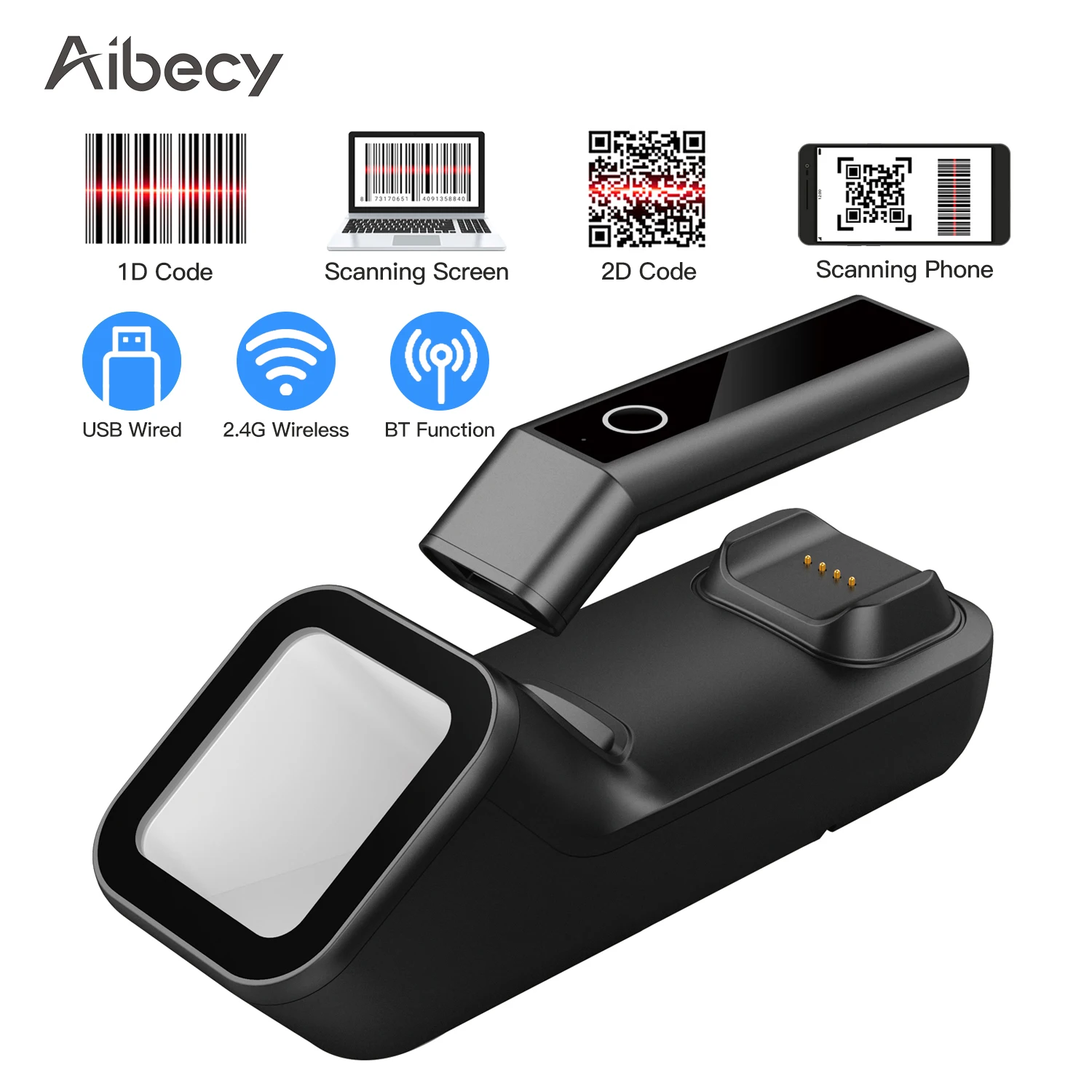 3-in-1 Barcode Scanner Handheld 1D/2D/QR Bar Code Reader Support BT 2.4G Wireless USB Wired Scanner for Warehouse Mobile