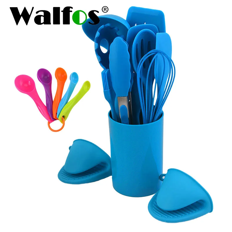 WALFOS 14 Pcs Heat Resistant Silicone Cookware Set Including Cooking Spoon Spatula Egg Beater Tongs Brush Microwave Gloves Etc