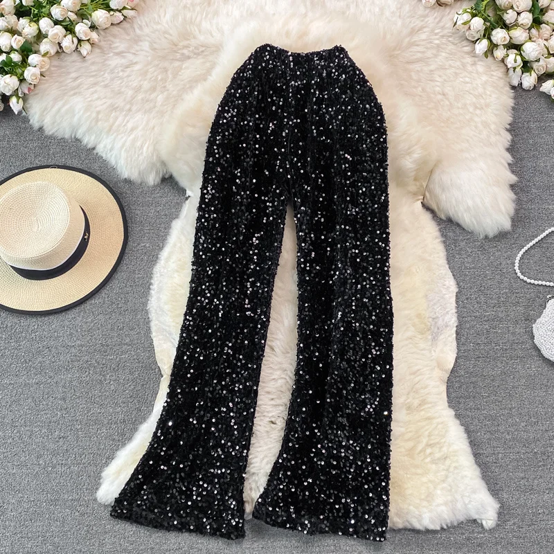 Elastic waist Sequin straight tube wide leg pants women's pants summer new Korean version Fashion high waist loose hanging