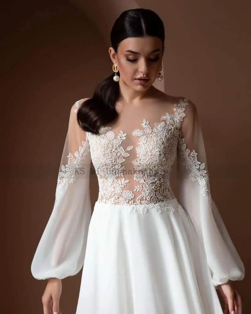 Elegant Chiffon Wedding Dresses Cheap Vestido de Casamento 2021 Puff Long Sleeve Wedding Gowns Lace Boho Bridal Dress A Line