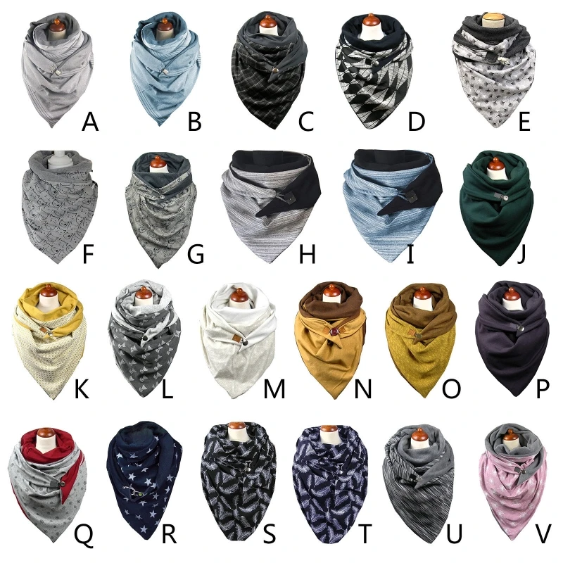 Women Winter Thicken Warm Scarf with Button Clip Vintage Floral Plaid Feather Printing Soft Wrap Bib Windproof Shawl