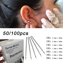 10-100 Stks/partij Wegwerp Gesteriliseerde Body Piercing Naalden Chirurgisch Staal Tattoo Medische Oor Navel Tepel Lip Neus Ring Gereedschap kit